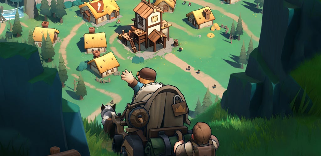 Artwork for the mobile game Kingshot showing two cartoon-style characters approaching a medieval village on a horse and cart.