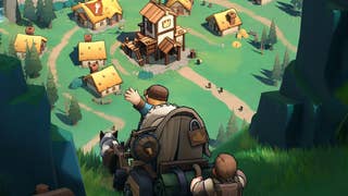 Artwork for the mobile game Kingshot showing two cartoon-style characters approaching a medieval village on a horse and cart.