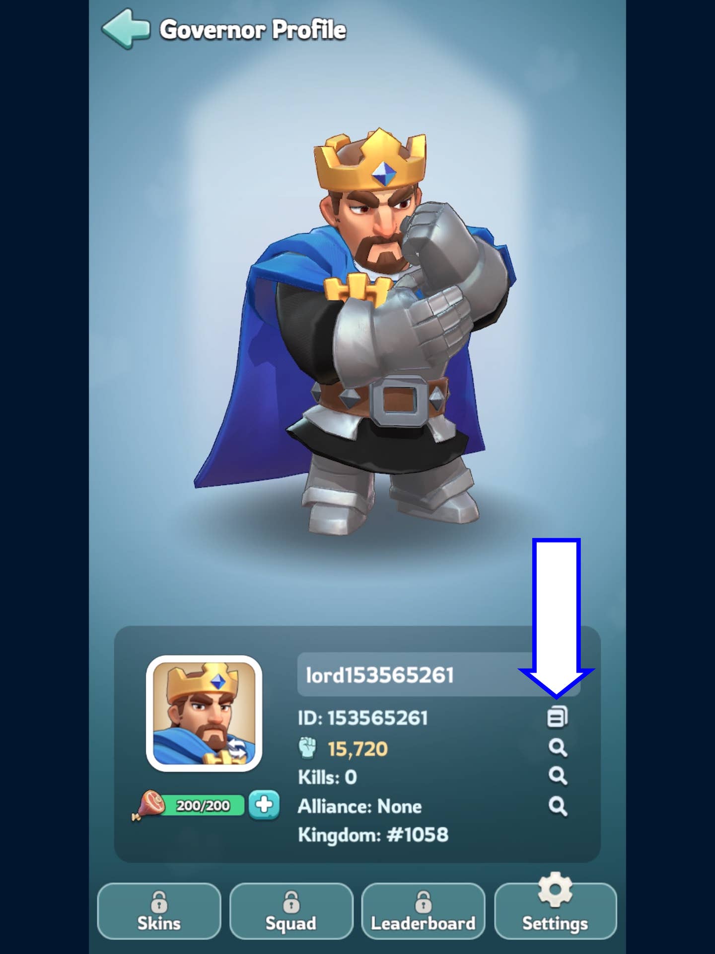 Uma captura de tela de Kingshot mostrando o botão Cópia ID.