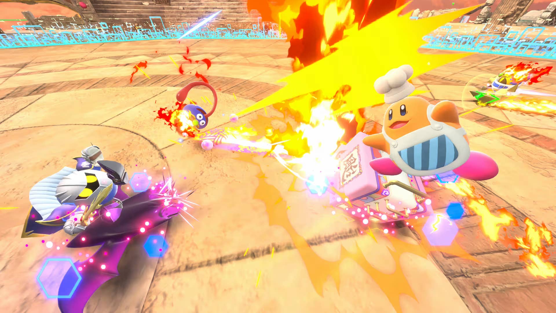 Kirby Air Riders with a sad penguin, Meta Knight, and Kirby themselves all battling it out in a show of vehicular mayhem.
