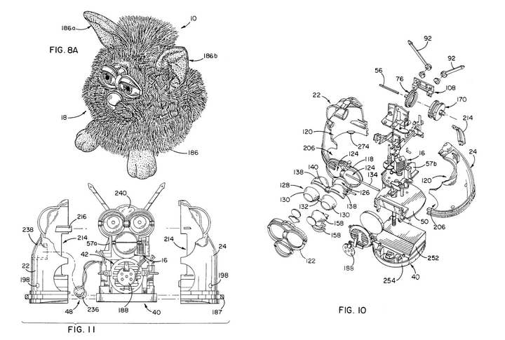Patent art showing a Furby toy, a Furby toy with its soft exterior stripped away, and a blown-up view of the various parts of a Furby toy