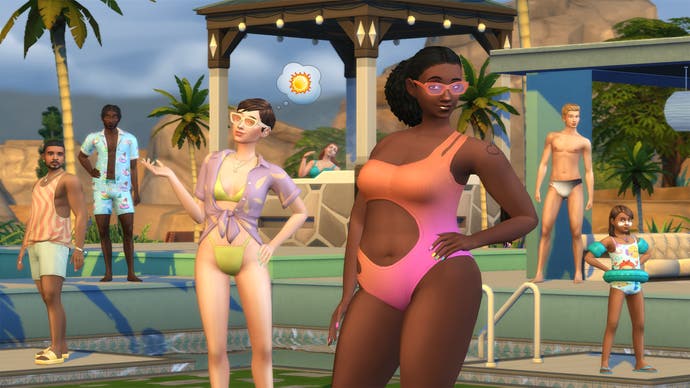 A promotional in-game shot from The Sims 4's Poolside Splash Kit showing an assortment of Sims - each wearing different swimwear, including trunks, bathing suits, shorts, and vests - posed around a pool in the summer sun.