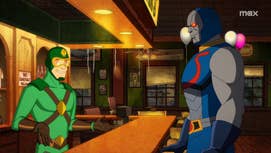 Kite Man is stood behind a bar talking to Darkseid in Kite Man: Hell Yeah!