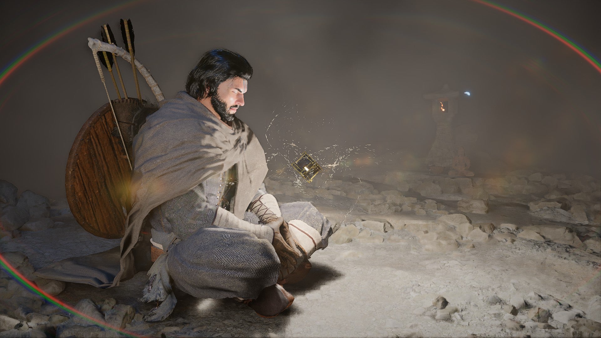 Kliff meditates during a loading screen in Crimson Desert.