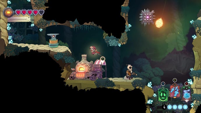 A witch flies past a skeleton shop keeper in The Knight Witch