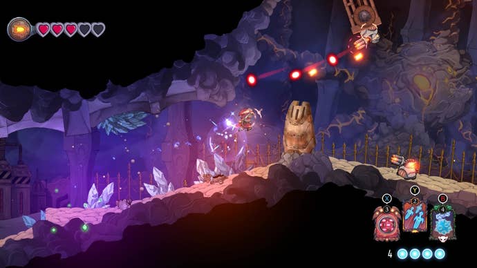 A witch fends off bullets from a turret inside a mine in The Knight Witch