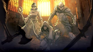 An illustration for the game Knights in Tight spaces. Three fantasy heroes - a mage, a crouching rogue, and an armour knight - are the focus of the image, facing the viewer. In the darkness, in the foreground, the outlines of would-be assailants can be seen. Behind them, through a stained glass window, the glow of an evening sun can be seen. A fight is about to break out.