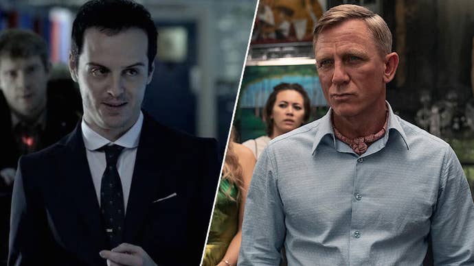 On the left, Andrew Scott as Moriarty in BBC’s Sherlock, Martin Freeman stood behind him, Sherlock pointing a gun at him offscreen. On the right, Daniel Craig in Glass Onion: A Knives Out Story, he looks like he’s thinking about something.
