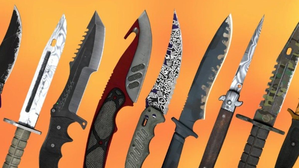 A postulation  of patterned knives for Counter-Strike 2 against an orangish  background.