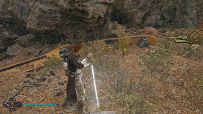 Cal prepares to slash a glowing plant in Jedi: Survivor.