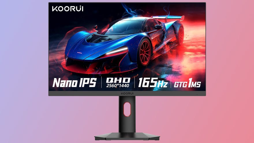 Koorui 24-inch gaming monitor with a 1440p resolution, 165Hz refresh rate, 1ms GtG pixel response time, Nano IPS panel and a sweet looking sports car pictured.