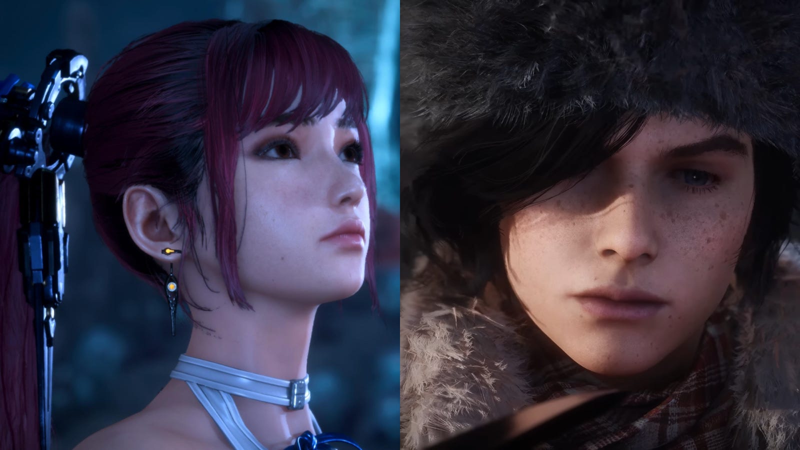 Close up of Stellar Blade female lead Eve and Lies of P young boy lead next to each other