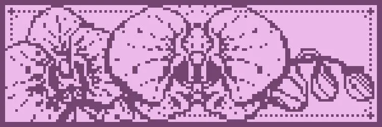 Pixel art drawing of deep pink on a light pink background showing flowers and petals