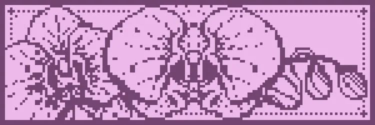 Pixel art drawing of deep pink on a light pink background showing flowers and petals