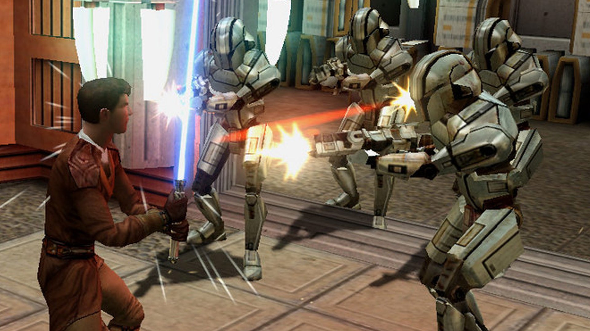 The player character defends against blaster shots with a blue lightsaber in Star Wars: Knights of the Old Republic - 1