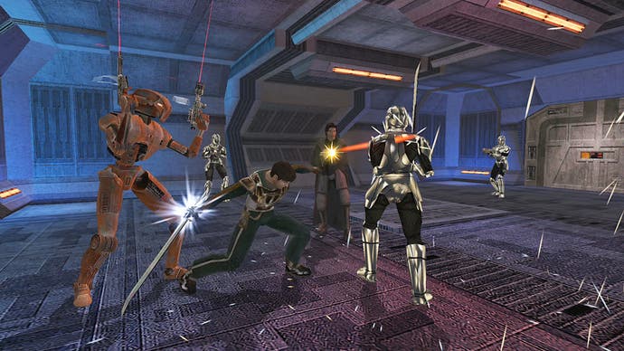 Screenshot for Star Wars: Knights of the Old Republic 2 on Switch showing the player character surrounded by enemies onboard a space station.