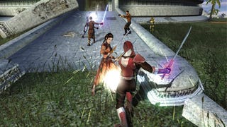 Screenshot from the original Knights of the Old Republic release showing a light sabre battle in action