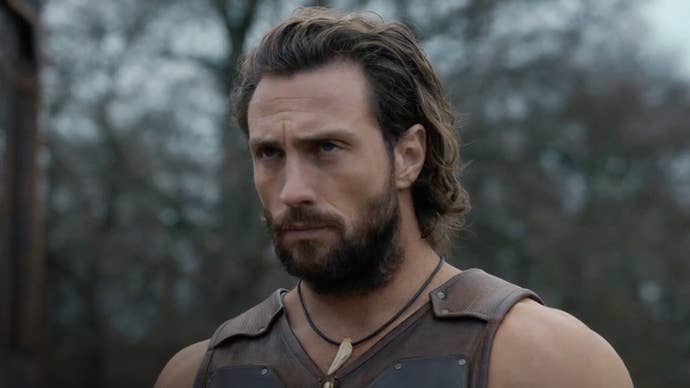 Aaron Taylor-Johnson looking very serious as the titular Kraven the Hunter.