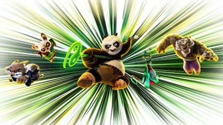 From left to right, Zhen, a corsac fox, Master Shifu, a red panda, Po, a regular panda, The Chameleon, a chamelon, and Tai Lung, a snow leapord, are all in action poses heading towards the camera in a promotional image for Kung Fu Panda 4.