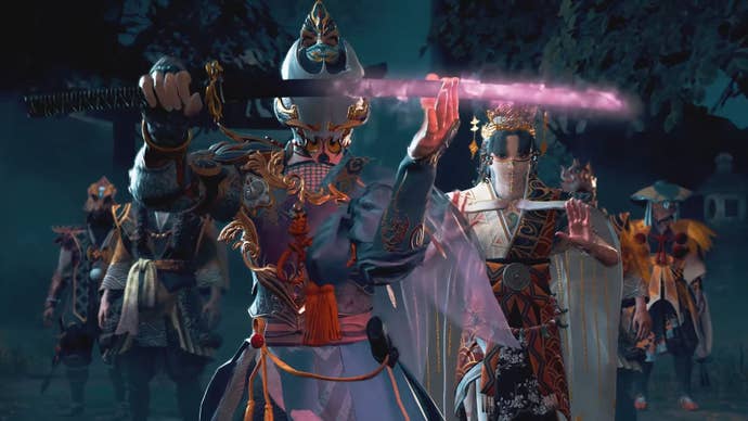 The hero of Kunitsu-Gami: Path Of The Goddess brandishes his sword, with the maiden Yoshiro and other villagers behind him.