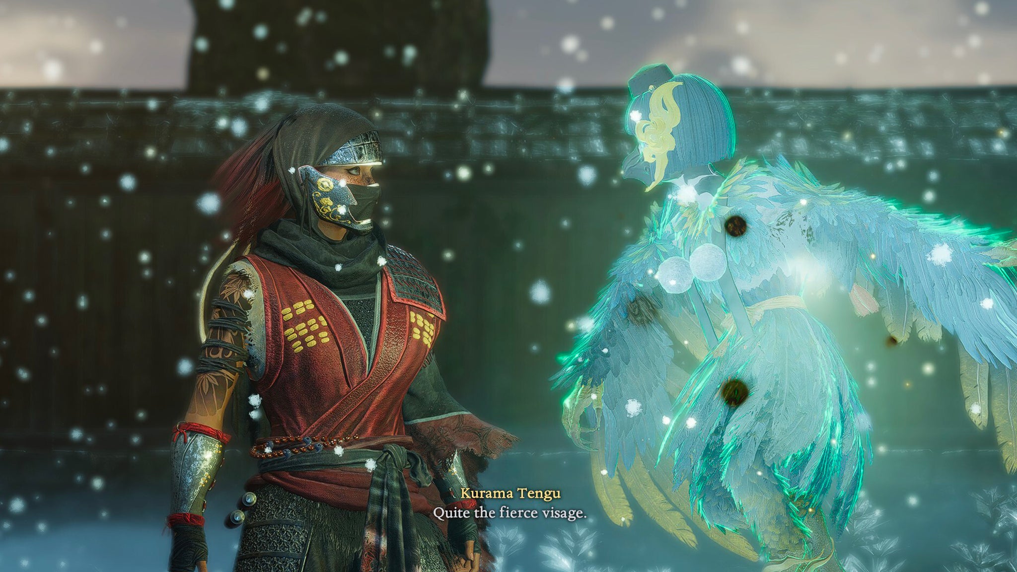 A Nioh 3 character speaking to the Kurama Tengu Guardian Spirit that players come across in the Heian area. - 8