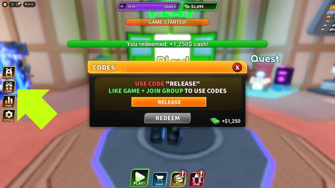 The code redemption screen in the Roblox experience, Kuroku’s Basket: Showdown.