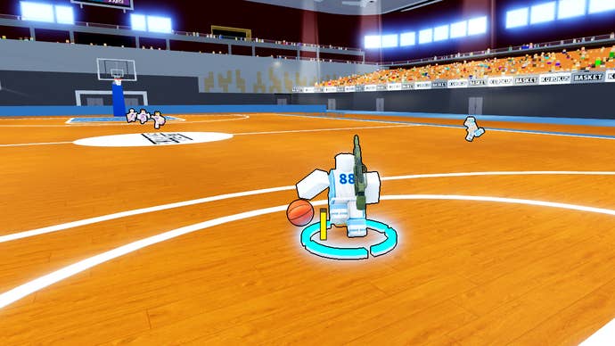A basketball player dribbling the ball up the court in Kuroku’s Basket: Showdown.