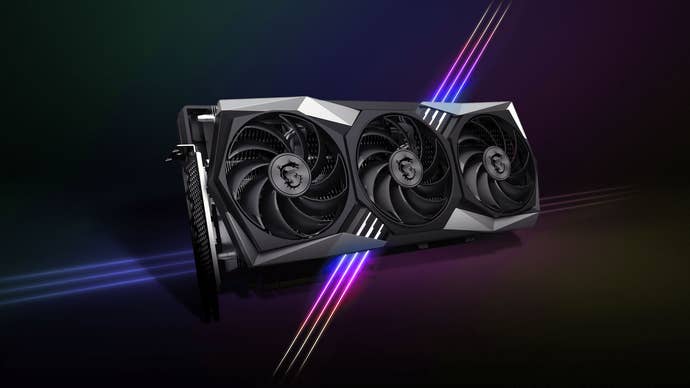 msi’s radeon rx 6800 xt graphics card, pictured on a coloured background