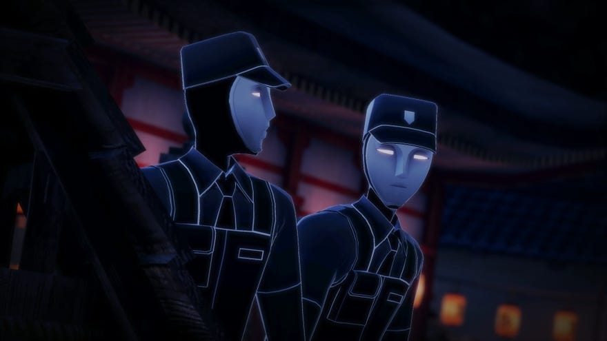Two guards look around Persona 5 Strikers' Kyoto jail.