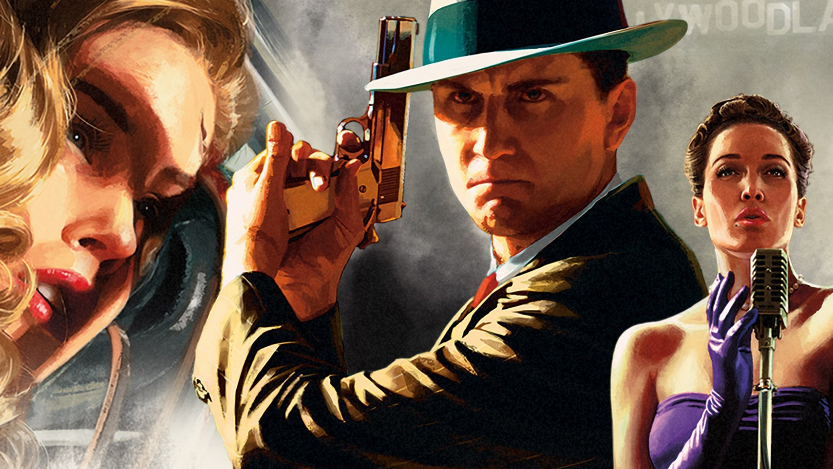 Key art of LA Noire showing the protagonist holding a gun, pointed upwards, with a female singer next to him, and another woman to his left, rendered in the style of a 40s movie poster. - 1