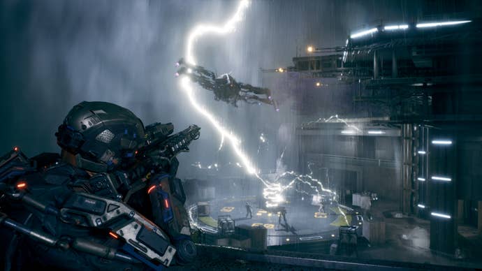 A soldier in an exosuit shooting at a flying vehicle lit up by lightning bolts in a cyberpunk city at night, from La Quimera