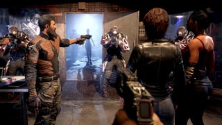 A shot from La Quimera's announcement trailer showing a group of people pointing their weapons at armed futuristic soliders, as the silhouette of a woman can be seen approaching through a doorway to the rear of the room.