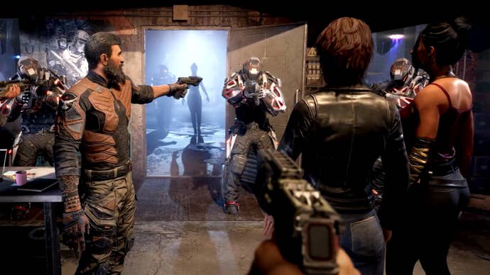 A shot from La Quimera’s announcement trailer showing a group of people pointing their weapons at armed futuristic soliders, as the silhouette of a woman can be seen approaching through a doorway to the rear of the room.