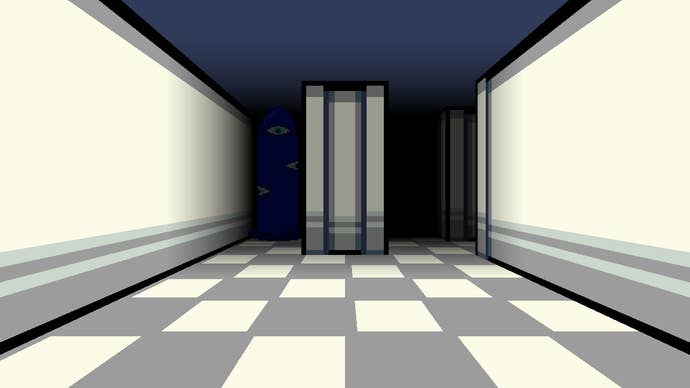 A fork in the path, with both paths lying in shadow. The path on the left shows the faint outline of a tall blue tube monster covered in eyes.