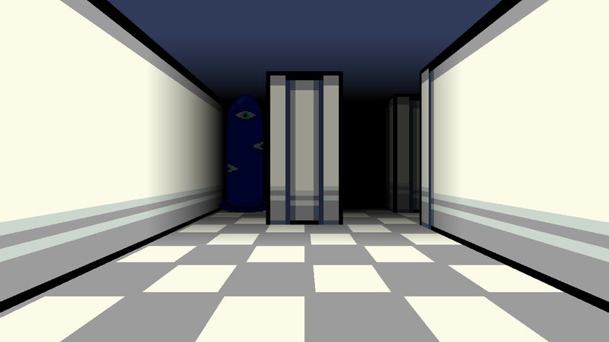 A fork in the path, with both paths lying in shadow. The path on the left shows the faint outline of a tall blue tube monster covered in eyes.