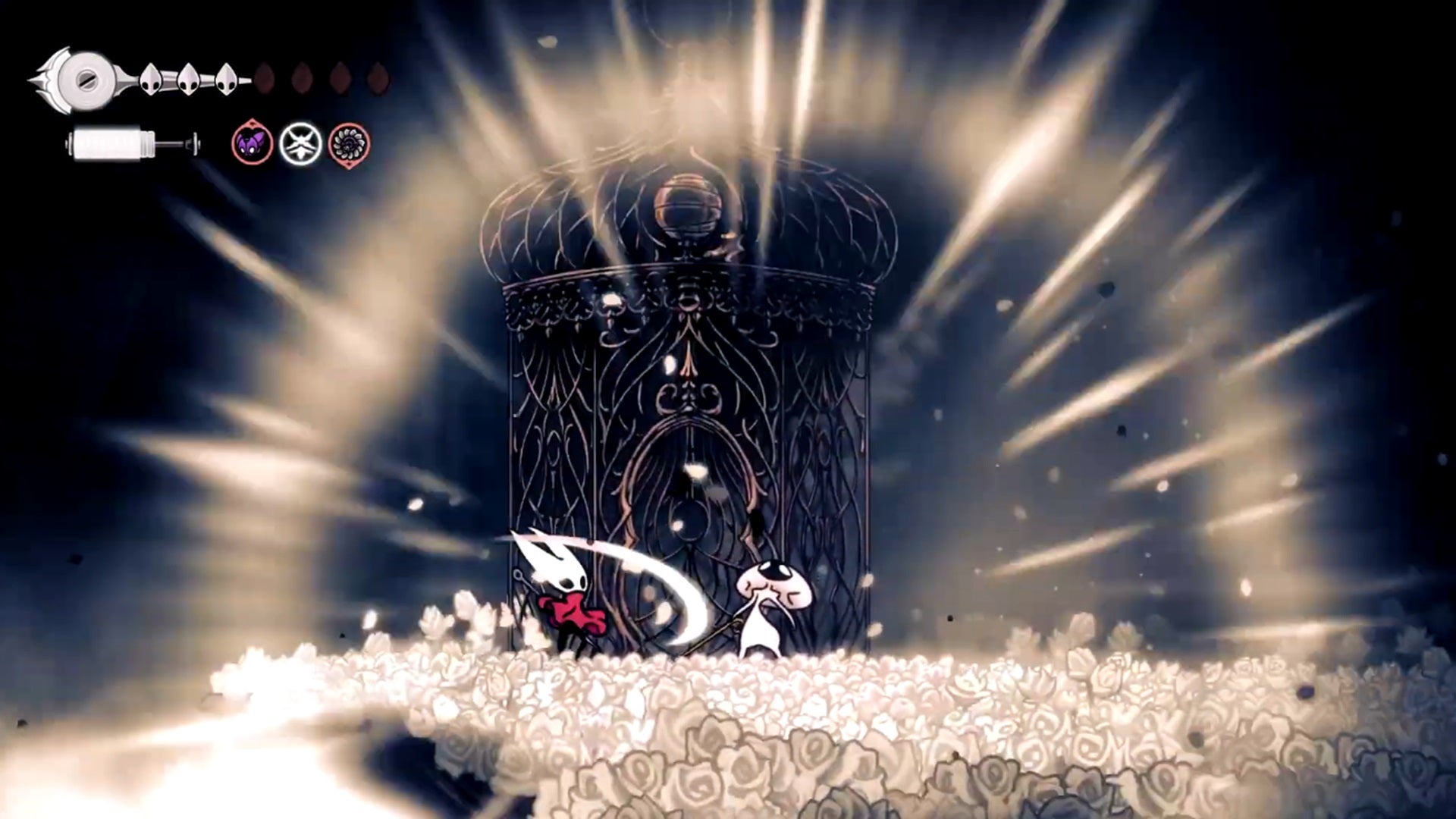 Hornet fights Lace in a field of white flowers in Hollow Knight: Silksong. Lace is unleashing a loud cry that reverberates throughout the arena. - 63