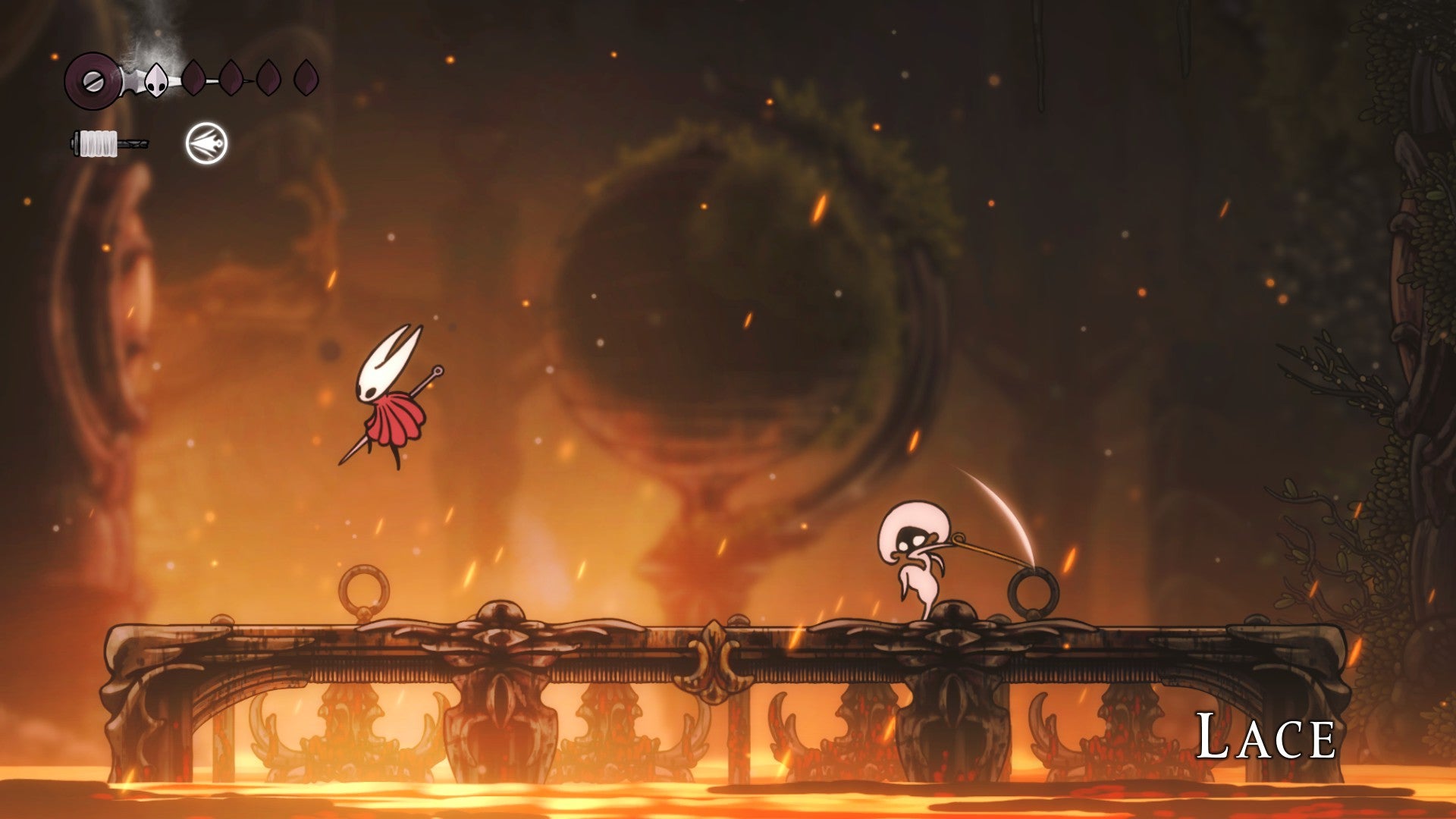 Hornet jumps in the air as Lace prepares to unleash an attack in Hollow Knight: Silksong. - 8