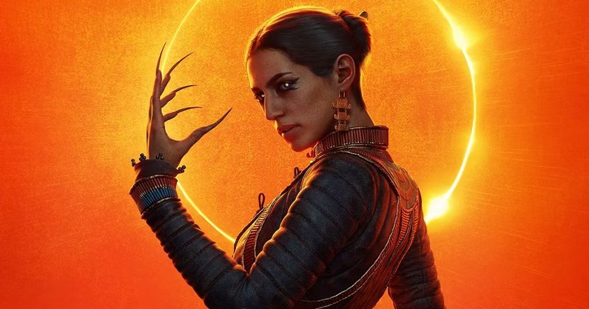 A female vampire with sharp claws framed against a glowing orange eclipse. It's Lacra from The Blood of Dawnwalker.