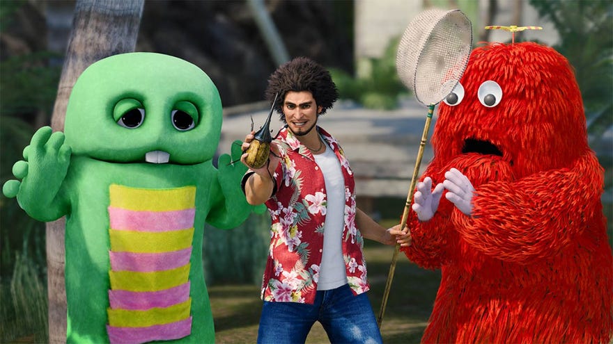 Ichiban poses proudly with a big beetle he's caught, flanked by two fuzzy friends in LAD: Infinite Wealth's Dondoko Island mode.
