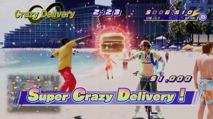 Ichiban achieves a "Super Crazy Delivery!" in a LAD: Infinite Wealth minigame.