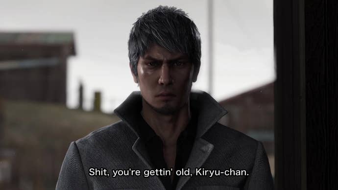 Kiryu stares at someone behind the camera, who says “Shit, you’re getting old, Kiryu-Chan”, in LAD: Infinite Wealth.