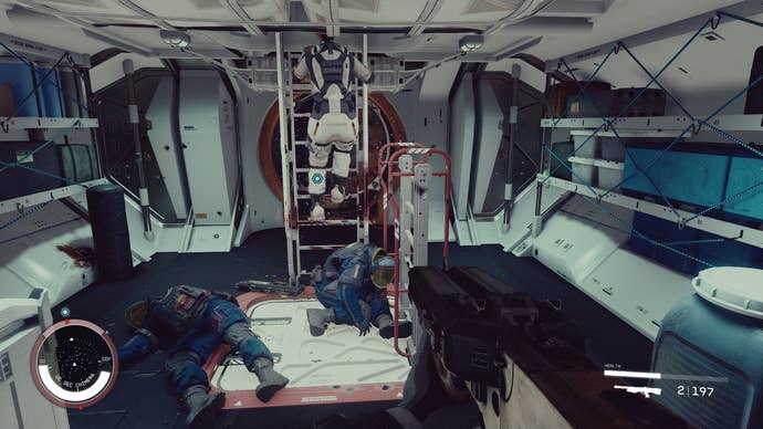 A firefight in Starfield with NPCs clambering down a ladder one after the other.