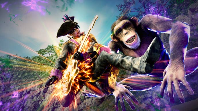 Goro Majima playing a cursed instrument to call a monkey in like a dragon: Pirate Yakuza in Hawaii.