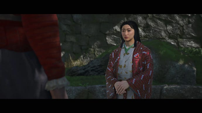 Una escena romántica entre Yasuke y Lady Oichi en Assassin's Creed Shadows.