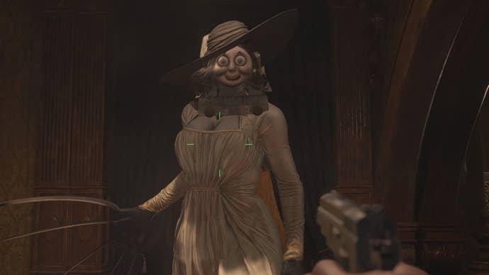 Lady Dimitrescu from Resident Evil Village. Her face hsa been swapped for Thomas the Tank Engine’s