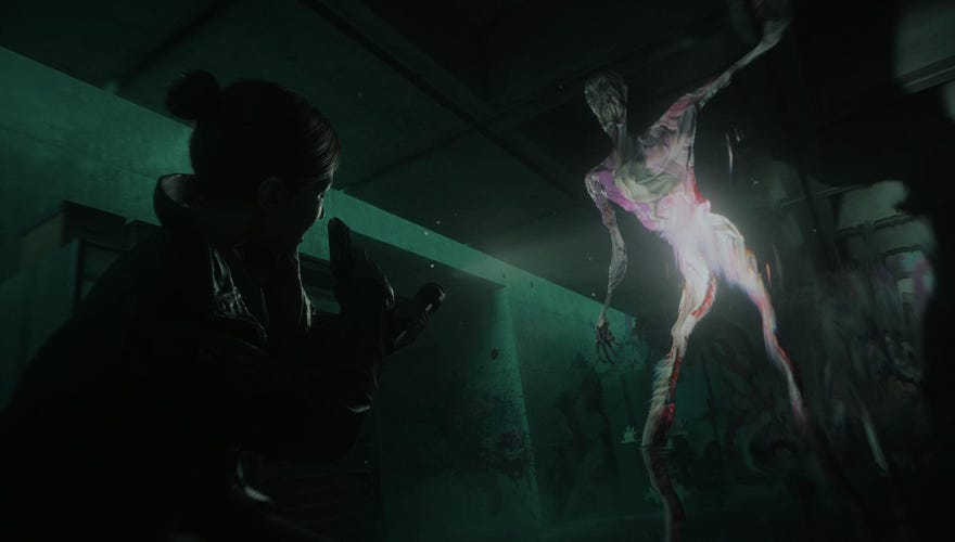 A huge paint monster looming over a woman with a gun in Alan Wake 2’s Lake House DLC