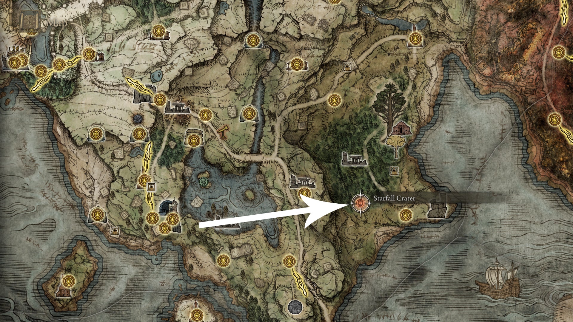 The location of the Starfall Crater on the Elden Ring map. - 4