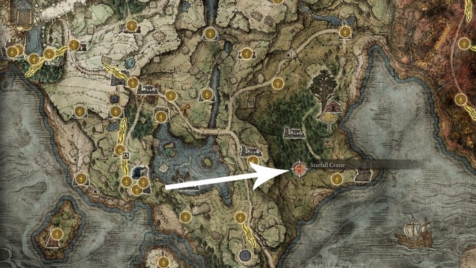 The location of the Starfall Crater on the Elden Ring map.
