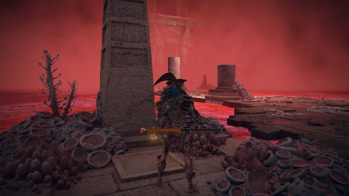 An obelisk in the Lake of Rot in Elden Ring.