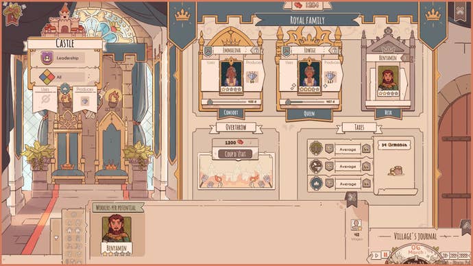 The throne room in the castle in Lakeburg Legacies, showing the monarch, her consort and her heir